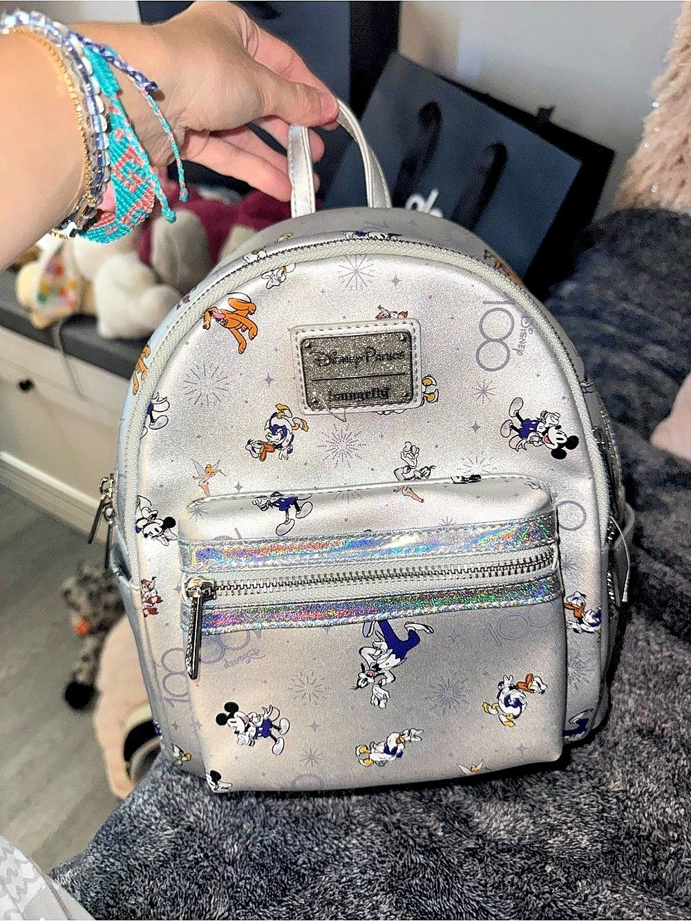 Disney Parks Mickey and Friends 100th Anniversary Mini Backpack Silver Mini